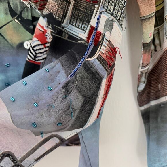 Vintage Nicole Taylor Silk Beaded Scenic Landscape Venice Italy Print Shirt L - Picture 12 of 12